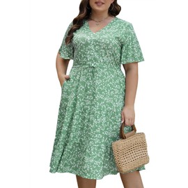 Keluummi Plus Size Summer Midi Dresses for Curvy Women, Casual Boho Floral V Neck Sundress with Pockets(22 Plus, Green Floral)