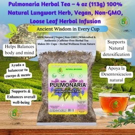 Pulmonaria Herbal Tea – 4 oz (113g) – 100% Natural Lungwort Herb – Wildcrafted Mexican Origin – Vegan, Non-GMO, Gluten-Free – Loose Leaf Herbal Infusion – Te by BexpertsUSA