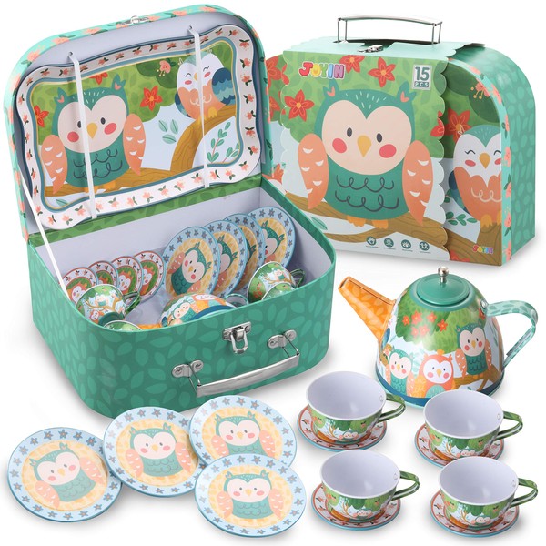JOYIN Owl Garden Pretend Tin Teapot Set for Tea Party and Kids Kitchen Pretend Play