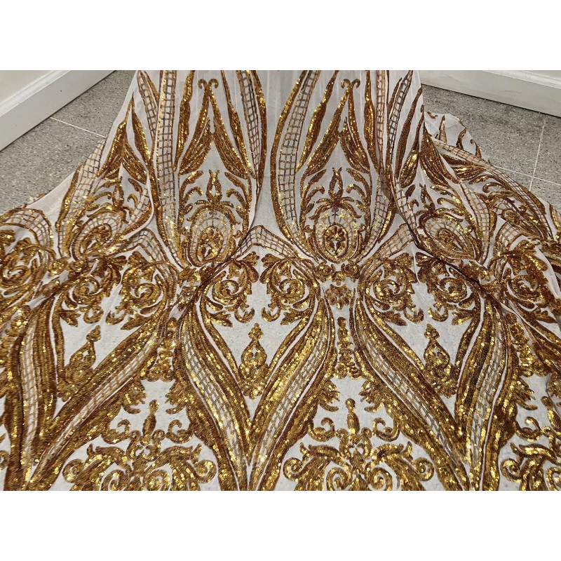 wowfabric4less123 Gold White 4way stretch sequins Embroidery Mesh Lace fabric