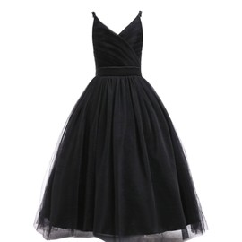 Glamulice Kids Funeral Flower Girls Black Dress Lace Bridesmaid Long A Line Wedding Pageant Dresses Tulle Spaghetti Strap Party Gown Christmas Holiday Evening Prom Princess Birthday Gown 11 12