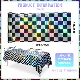 Black and Iridescent Checkered Plastic Tablecloth Roll, Shiny Disposable Laser Table Covers with Cutter Box, Foil Tablecloth Iridescent Party Decorations for Picnic Camping Race Car, 54Inch x 100Ft
