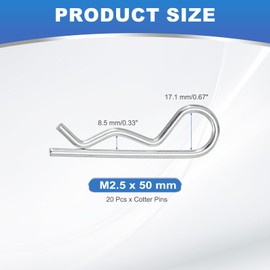 PATIKIL M2.5 x 50 mm Cotter Pin Assortment Kit, 20 Pcs Heavy Duty R Clips Hardware Pin Carbon Steel Spring Fasteners Hitch Pin for Trailer Locking Lawn Mowers Truck, Silver Tone