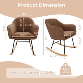 Oversized Nursery Rocking Chair with Cushion Upholstered Chenille Glider Rocker Chair Modern Armchair with Wood Legs, Indoor Comfy Nursing Chairs Holds Up to 350 LBS for Living Room, Bedroom, Brown