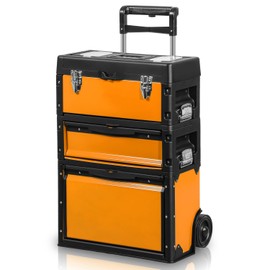 Auto Dynasty Stackable Tool Box 3-Tier Tool Separate Organizer Rolling Tool Chest with Wheels 3-in-1 Upright Trolley Tool Chest for Garage or Workshop, Orange