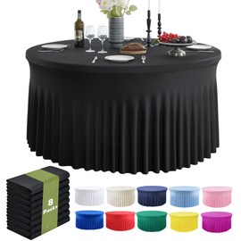 8 Pack Black Round Spandex Tablecloth for 72inch Table,132inch Stretchy Fitted 6FT Round Table Cloths for Round Tables,Wrinkle Free Round Table Cloths with Skirt for Wedding Vendor Graduation Banquet