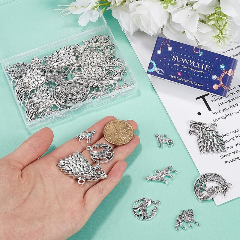 SUNNYCLUE 1 BOX 48Pcs 6 Stlyes Wolves Charms Wolf Charm
