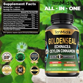 Tenmido Goldenseal Root Supplement - 7in1 Formula - Combine with Echinacea, Ceylon Cinnamon, Turmeric, Papaya, Gotu Kola & Black Pepper - Digestive Health Support - 150 Capsules for 5 Months Supply