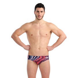 ARENA Performance Men's Marbled Swim Brief Chlorine Resistant MaxLife Swimsuit Practice Pool Training Competitive Bathing Suit, Navy/Red Multi, US Size 42