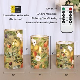 GORGE MOMENT LED Flameless Candles with Remote Timer Apple Pear Decal Glass Flickering Battery Operated Candles for Home Room Party Easter Wedding Holiday Spring Decor - Set of 3