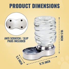 Bundaloo Dog Water Bowl Dispenser - Automatic Slow Refilling System Keeps Stainless Steel Drinking Dish Filled - Refillable 3 Liter Bottle, Non-Skid Feet - Clean, Safe, & Fresh Drink for Pet Dogs