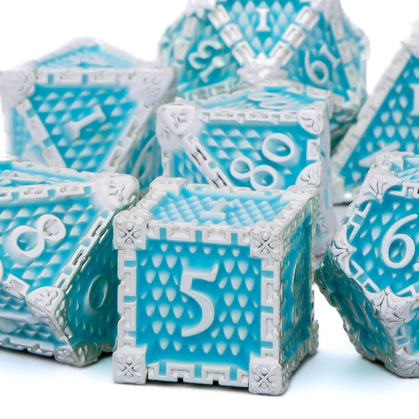 KERWELLSI Metal DND Dice Set with Gift Box, Blue Dungeons