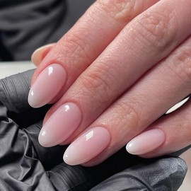 24 Pcs Gradient Almond Press-Ons – Short White Pink French Tip False with Tool, Full Cover Acrylic for Women & Girls