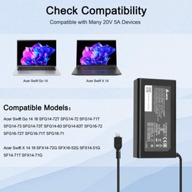 100W Delta ADP-100XB B Charger for Acer Swift Go 14 16 SFG14-72T SFG14-71T SFG14-73T SFG14-63T SFG16-72T SFG16-71T Acer Swift X 14 16 SFX14-72G SFX16-52G SF14-71T Acer Swift 100W Laptop Charger