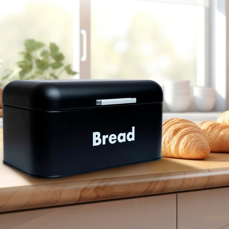 Plexon Black Bread Box for Kitchen Countertop with Lid, Metal