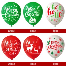 FEPITO Pack of 50 Christmas Party Balloons, 12 Inch White Red and Green Latex Christmas Balloons, 6 Merry Christmas Style for Christmas Decoration, Party Supplies