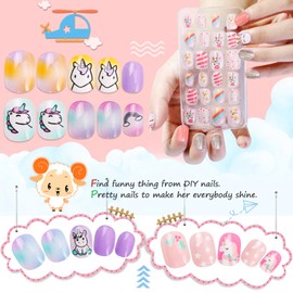 Kalolary 144 Pieces Children's Fingernails, Unicorn Pattern, Children's Artificial Nails, Press On Nails, Short Full Cover False Nail Set, Artificial Nail Tips, Gift with 1 Piece Nail Glue Sticker