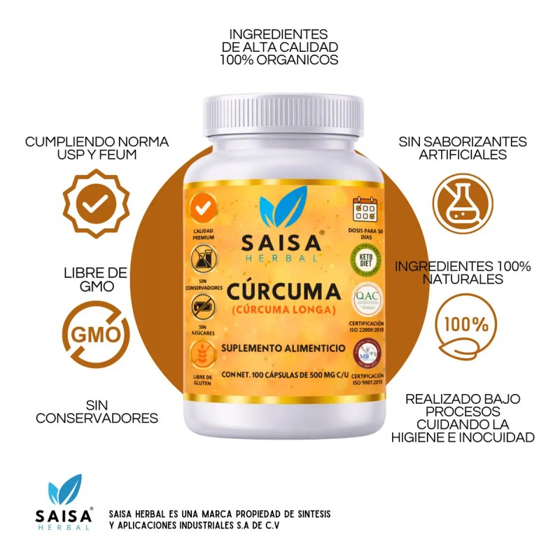 Cúrcuma Orgánica 100 Cápsulas Pura Suplemento Alimenticio Antiinflamatorio Natural Digestión