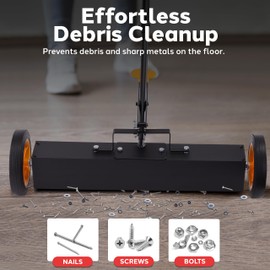 Pyle 24” Rolling Magnetic Sweeper with Adjustable Handle - Strong and Durable Metal Construction, Heavy-Duty Cleaning, Metal Pickup for Industrial and Commercial Use (Black and Orange)