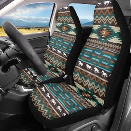 Salabomia Southwest Horse Car Seat Cover for Women Men, Aztec Breathable Auto Car Seat Protector High Back Bucket Car Seat Cover Comfortable 2 Piece Front Seat Cover for Cars SUV, Green and Brown