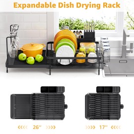 Urackify Dish Drying Rack, Expandable Large Capacity Dish Rack with Drainboard, Wine Glasses Holder, Space Saving Dish Drainer, Black