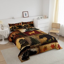 Erosebridal Patchwork Rustic Cabin Comforter Set Queen,Woodland Animal Deer Bear Bedding Comforter Sets Farmhouse Lodge Quilt Bedding For Men Women Camping Mountain Pine Trees Bed Duvet 2 Pillow Cases