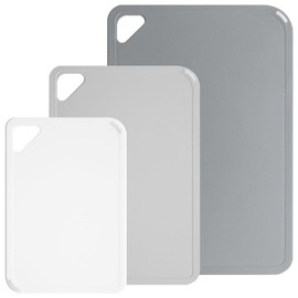 Plastic Cutting Boards with Non Slip Rubber Feet, Cutting Board Set with Large, Small, Mini Cutting Board for Kitchen, Easy Grip Handle, Dishwasher Safe, for Meat, Fruits, Camping, 3 Pieces, Gray