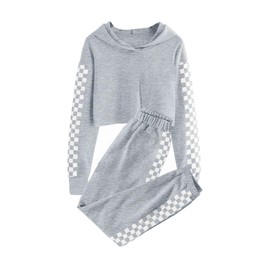 Meikulo Crop Tops Hoodies for Teen Girls Clothes Kids Cute Long Sleeve Shirts Checkered Sweatshirts and Sweatpants 2 Piece Outfits Sweatsuit Clothing Sets Gray Grey, 9-10 Years