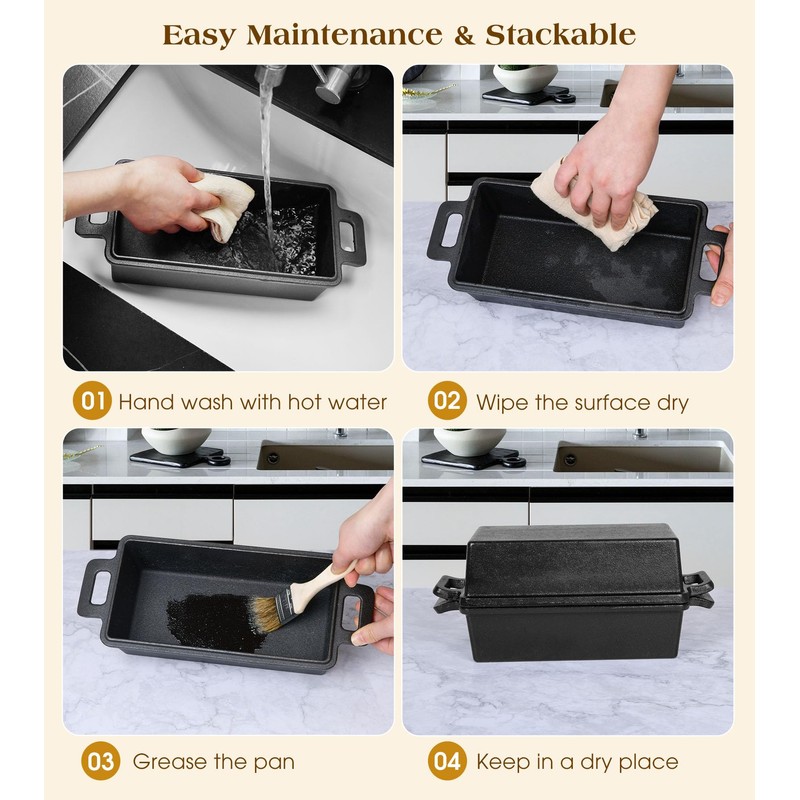 Bachdomc Cast Iron Loaf Pan With Lid, 9×5 in – 2‑in‑1 Heavy‑Duty