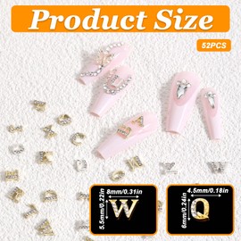 52pcs Rhinestone Letters Nail Studs 3D Gold Letters Nail Charms Gems Alphabet Nail Studs Alloy Letters Nailes Decoration Capital Nails Charms Acrylic Nails Decoration Supplies for Girls Making Craft
