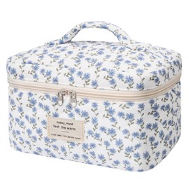 Large Makeup Bag, Cute Cosmetic Bag for Women Girls, Floral Coquette Aesthetic Toiletry Bag, Travel Make Up Organizer Bag (Blue Peacock Flower)