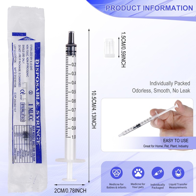 24 Pack of 1ml Plastic Syringes with Caps - Sterile,
