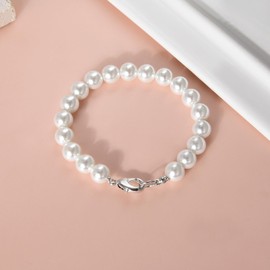 Candyfancy Pearl Bracelet Women's Men's White Round Simulated Beads 18/19/20 cm Long Beads Bracelet for Men Women Gifts Beads 6 mm/8 mm, Sterling Silver
