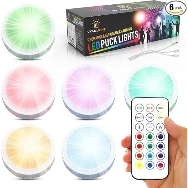 VYANLIGHT LED Puck Lights 16 Colors w/ Remote - Rechargeable