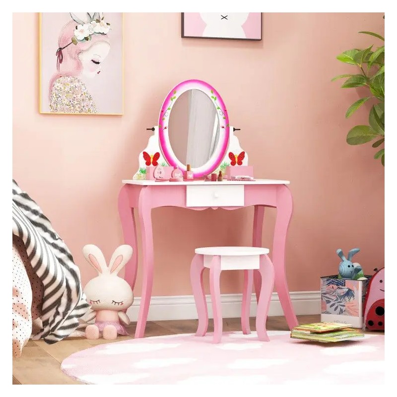 Kids Vanity Table Set With 360 Degree Rotating Mirror And