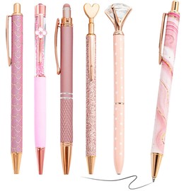 Belegao 6PCS Ballpoint Pens for Women Pink Set - Bling Metal Ball Point Pen Black Ink Fancy Retractable 1.0mm Smooth Writing for Teachers Mother Birthday Womens Day Gifts, Home Office School