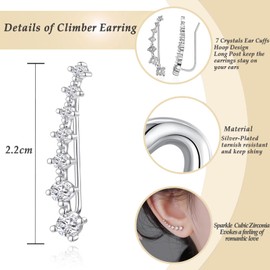Silver Earrings for Women Girls, Hypoallergenic Ear Cuffs Hoop Climber Earrings Blue Cubic Zirconia 7 Crystals Cluster Cartilage Upper Ear Helix studs Jewellery Gifts for Birthday Wedding Christmas