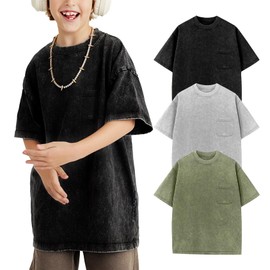 Yimoon Boys Girls Cotton T-Shirts Kids Oversized Acid Wash Tee Shirts Loose Fit Short Sleeve Summer Basic Tops(BlackGreyArmy-5Y)