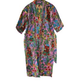 Rajbhoomi 100% Cotton Dressing Gowns for Women & Men,100% Indian Cotton,Lightweight Summer Kimono Bathrobes, Organically Grown, Ethically Made. Fits UK 10-18 (Pink Women Print)