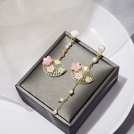 Pink Flower Pearl Sakura Leaf Earrings Ginkgo Biloba Cat Fairy Flower Statement Earrings For Women-Cherry blossoms and fans