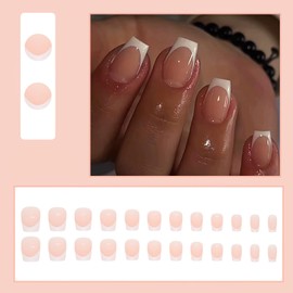 ROFIBUT White French Tip Press on Nails Medium Square Fake Nails Glossy Full Cover False Nails Natural Nude Acrylic Nails Cute Stick on Nails Reusable Glue on Nails for Women Girls DIY Manicure 24Pcs