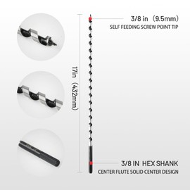 ZKH Auger Drill Bit for Wood, 3/8 x 17 Inch Long Drill with 3/8" Hex Shank, High Carbon Steel Wood Drill Bit with Self-Positioning Tip, Smooth Drilling for Soft and Hardwood, Plastic, Drywall