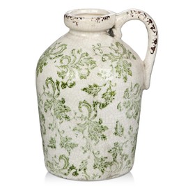 Ceramic Rustic Farmhouse Vase, 9 inch Ceramic Green and White Vase for Centerpieces Pampas Grass Pottery Jug with Handle Boho Chinoiserie Decor Vintage Vases for Living Room Kitchen Dinner Table Shelf