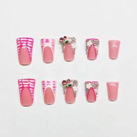 Duck Press on Nails Long French Tip Fake Nails Berry Rhinestone Full Cover Acrylic Nails Glossy Zebra Stripes French Nail Tip False Nails Flower Designs Square Glue on Nails for Women