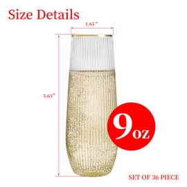 HOMIP 36pcs Plastic Champagne Flutes with Gold Rim - 9oz BPA-free Disposable Champagne Glasses, Ribbed Ripple Design for Weddings, Parties, Bars & Events (Stemless, Durable)