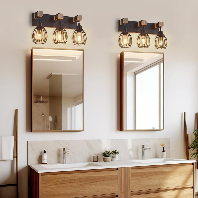 A1A9 3-Light Farmhouse Vanity Light for Bathroom, Wood Wall Sconce