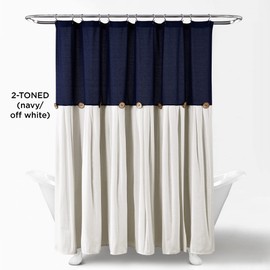 Lush Decor Linen Button Farmhouse Shower Curtain Pleated Two Tone Design for Bathroom, 72" x 72", Navy & Off-White