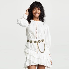 Glamorstar Vintage Chain Belts for Women Western Concho Metal Waist Belt for Dresses Gold Blue 105CM/41.3IN