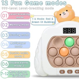 Quick Push Pop Game Fidget Toys, 12 Modes LED Screen Light Up Fast Push Bubble Game, Handheld Speed Pushing Game, Christmas Toys Gifts for 6 7 8 9 10 11 12 Years Old Kids Stocking Stuffers(Bear)