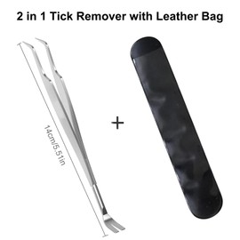 HRLORK 2 in 1 Tick Remover Professional Tick Removal Tool Stainless Steel Tick Remover Tweezers with Leather Bag for Dogs, Cats, Pet and Humans